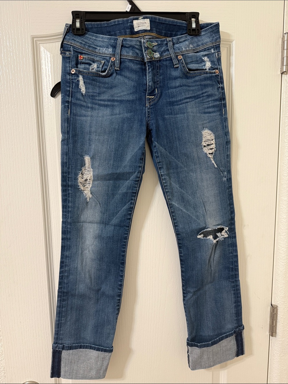 Hudson Jeans Women's Distressed Rolled-Cuff Boyfriend Jeans - Blue Wash 28